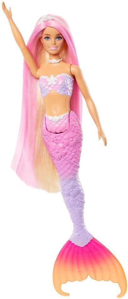 Barbie Mermaid Doll, “Malibu” with Pink Hair, Styling Accessories, Pet Dolphin and Water-Activated Color Change Feature, HRP97