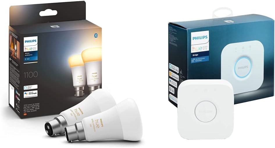 Philips Hue White & Colour Ambiance Smart Bulb Twin Pack LED [B22 Bayonet Cap] - 1100 Lumens (75W Equivalent). Works with Alexa, Google Assistant and Apple Homekit, 2 Count (Pack of 1)