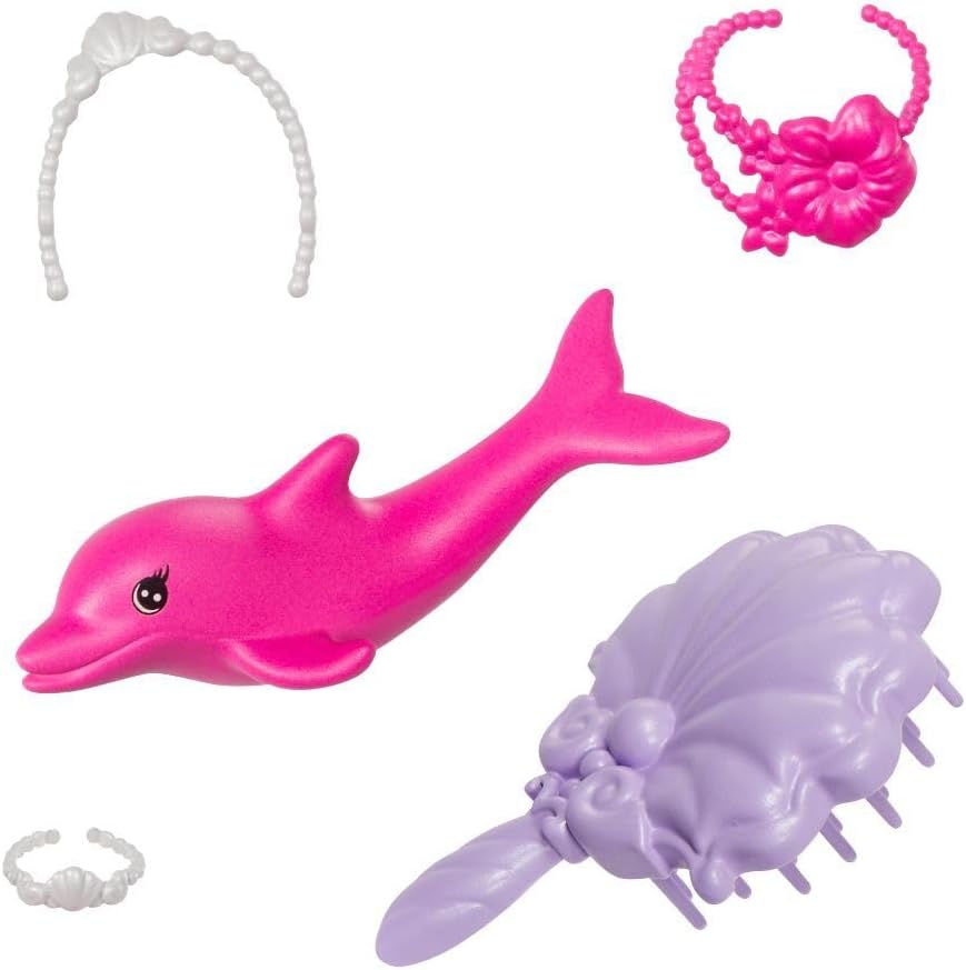 Barbie Mermaid Doll, “Malibu” with Pink Hair, Styling Accessories, Pet Dolphin and Water-Activated Color Change Feature, HRP97