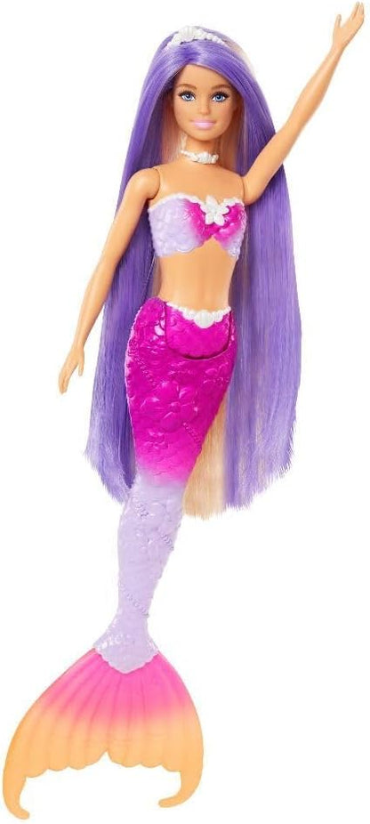 Barbie Mermaid Doll, “Malibu” with Pink Hair, Styling Accessories, Pet Dolphin and Water-Activated Color Change Feature, HRP97