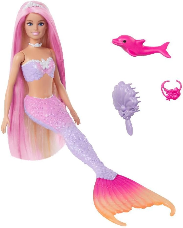 Barbie Mermaid Doll, “Malibu” with Pink Hair, Styling Accessories, Pet Dolphin and Water-Activated Color Change Feature, HRP97