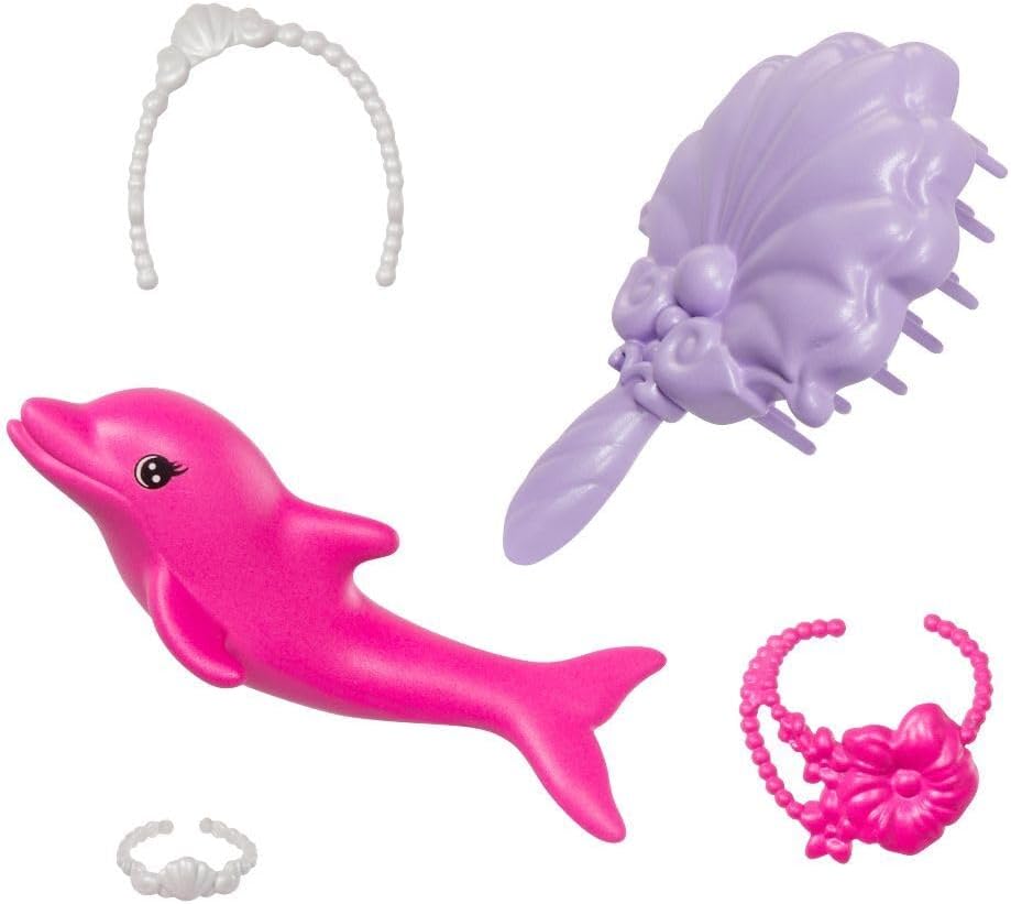 Barbie Mermaid Doll, “Malibu” with Pink Hair, Styling Accessories, Pet Dolphin and Water-Activated Color Change Feature, HRP97