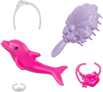 Barbie Mermaid Doll, “Malibu” with Pink Hair, Styling Accessories, Pet Dolphin and Water-Activated Color Change Feature, HRP97