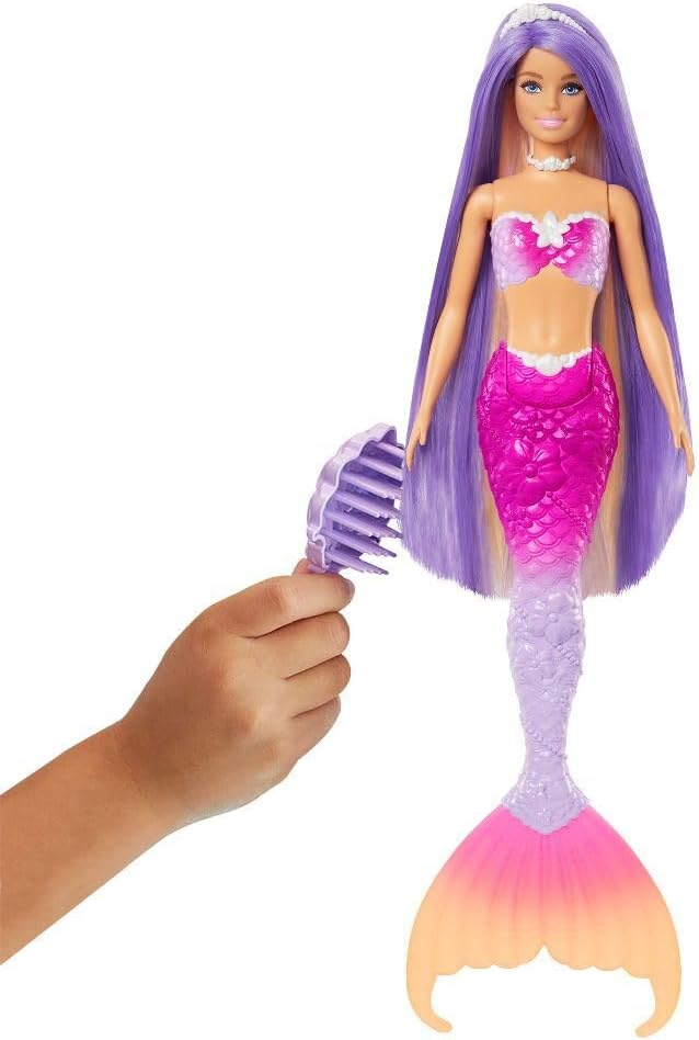 Barbie Mermaid Doll, “Malibu” with Pink Hair, Styling Accessories, Pet Dolphin and Water-Activated Color Change Feature, HRP97