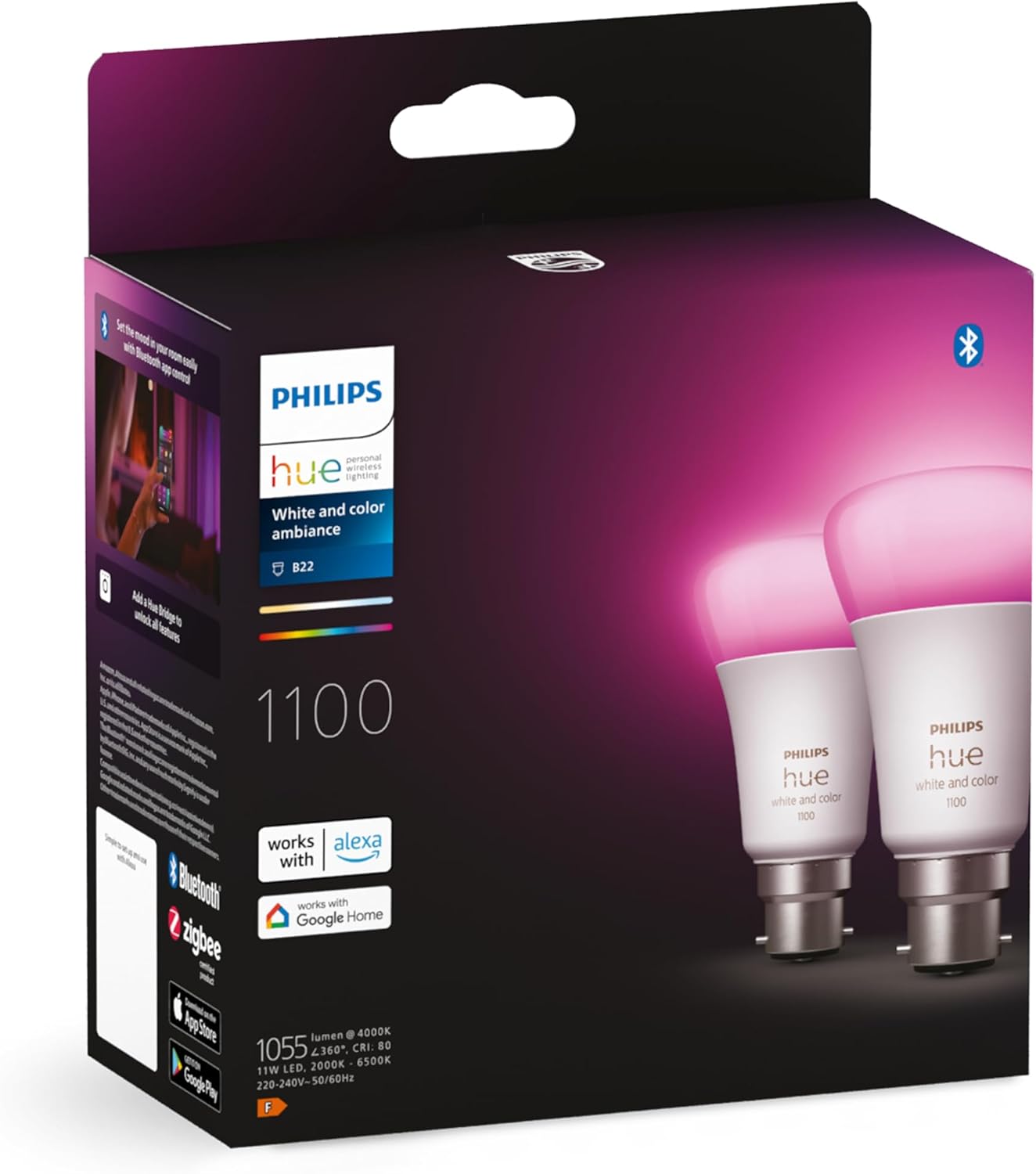 Philips Hue White & Colour Ambiance Smart Bulb Twin Pack LED [B22 Bayonet Cap] - 1100 Lumens (75W Equivalent). Works with Alexa, Google Assistant and Apple Homekit, 2 Count (Pack of 1)