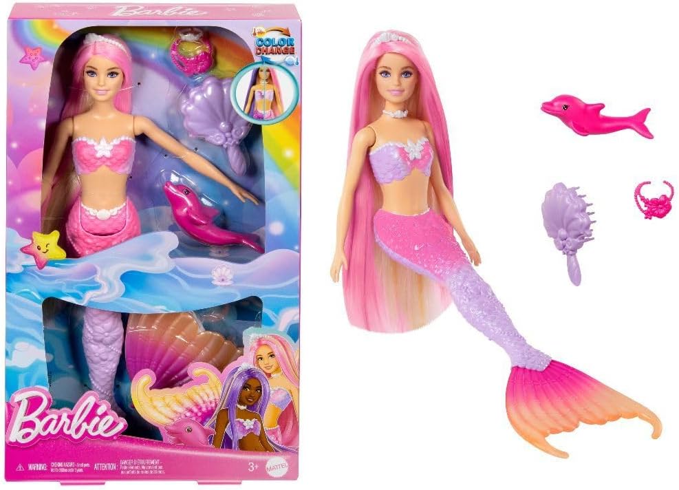 Barbie Mermaid Doll, “Malibu” with Pink Hair, Styling Accessories, Pet Dolphin and Water-Activated Color Change Feature, HRP97