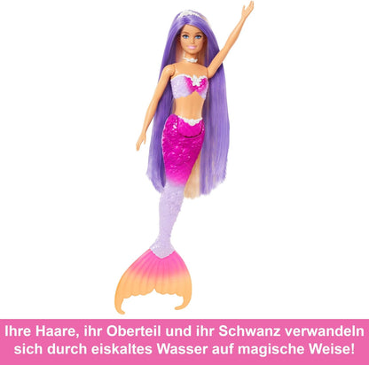 Barbie Mermaid Doll, “Malibu” with Pink Hair, Styling Accessories, Pet Dolphin and Water-Activated Color Change Feature, HRP97