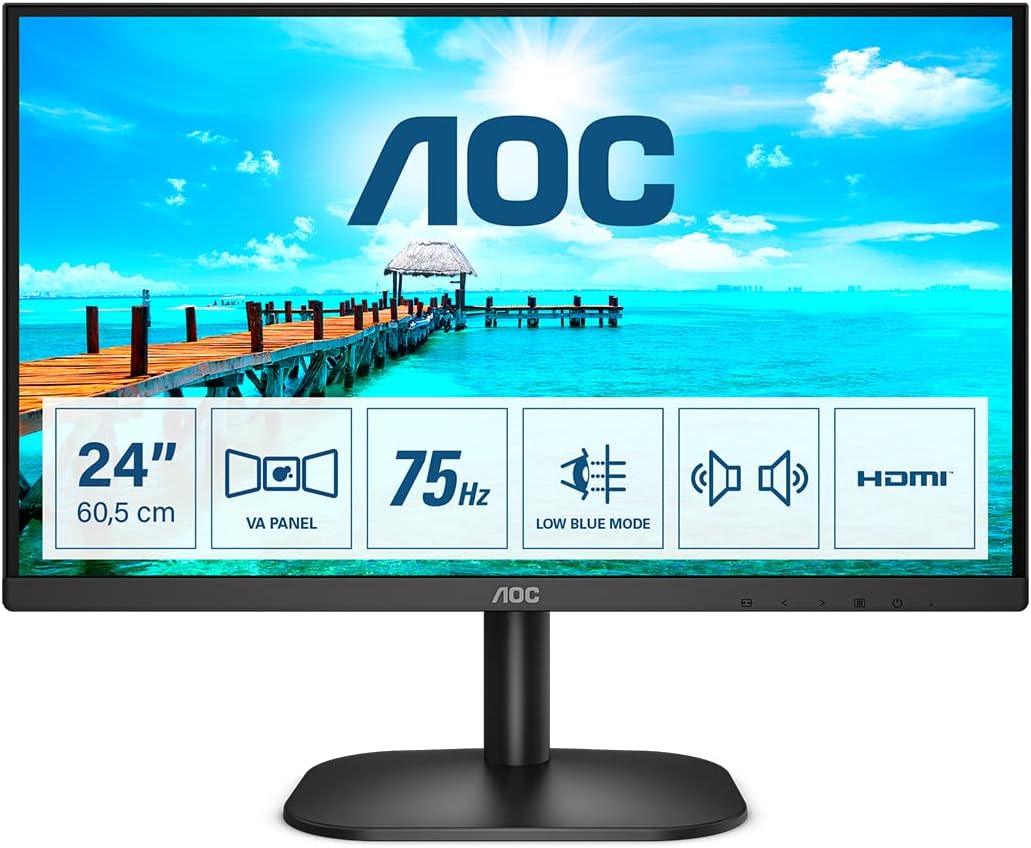 AOC 23.8 Inch 24B3HM/01 Monitor | 1920 x 1080 | 75Hz | FreeSync, Low Blue light, Flicker Free, Frameless design | 250 cd/m | HDMI, VGA