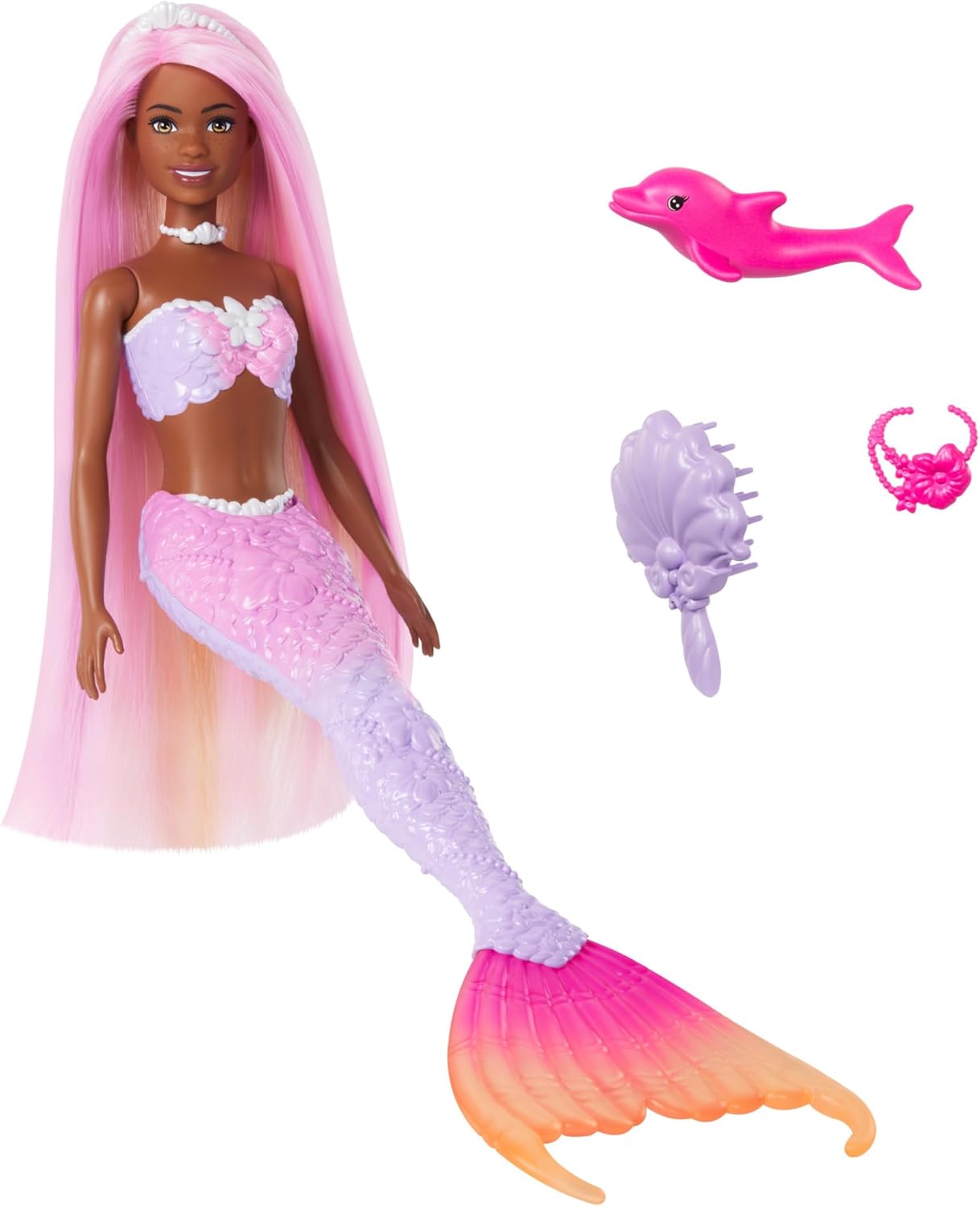 Barbie Mermaid Doll, “Malibu” with Pink Hair, Styling Accessories, Pet Dolphin and Water-Activated Color Change Feature, HRP97