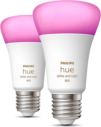 Philips Hue White and Colour Ambiance Smart Light Bulb 2 Pack 60W - 800 Lumen [E27 Edison Screw] With Bluetooth. Works with Alexa, Google Assistant and Apple Homekit