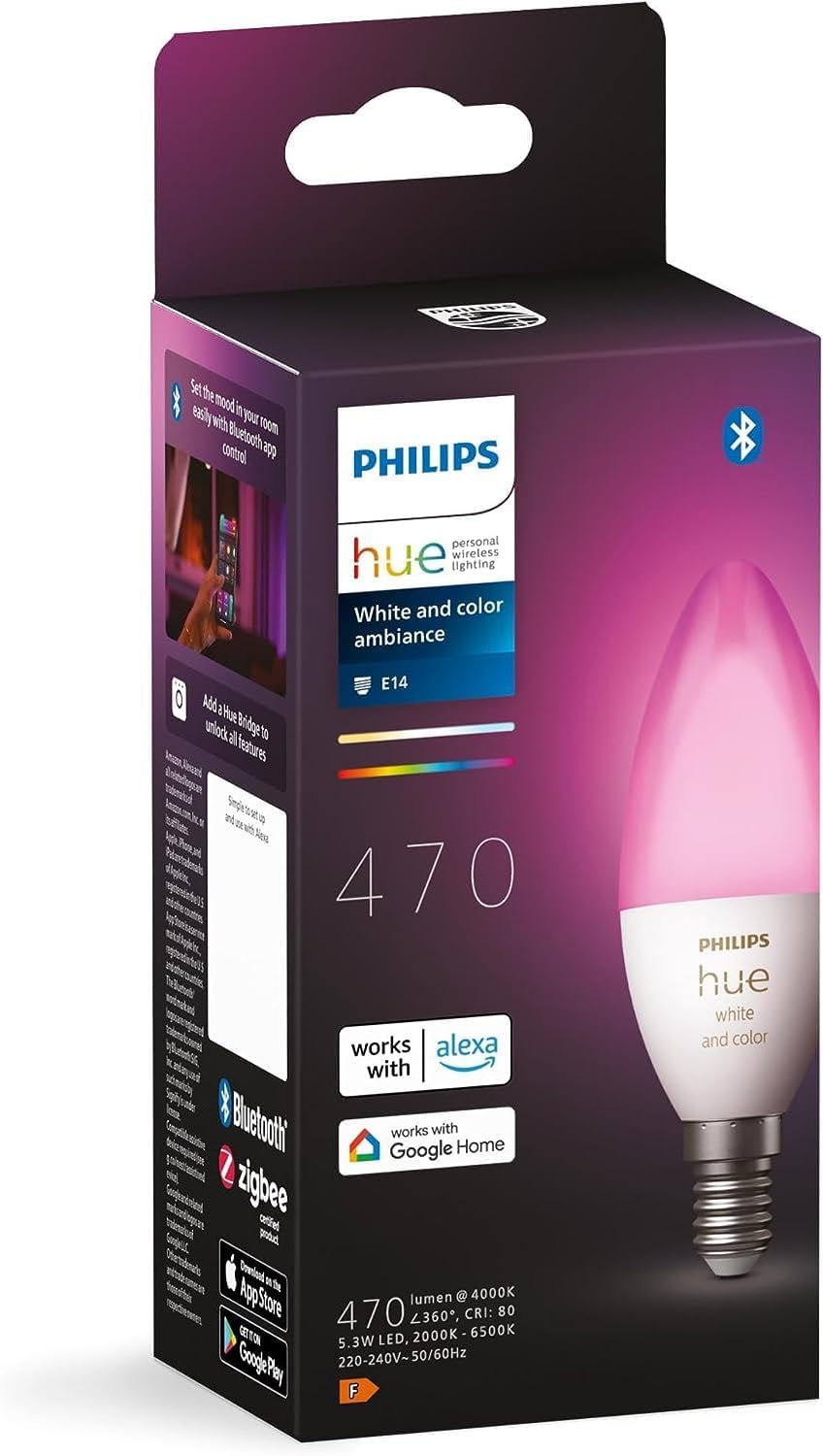 Philips Hue White and Colour Ambiance Smart Light Bulb [E14 Small Edison Screw] with Bluetooth. Works with Alexa, Google Assistant and Apple Homekit