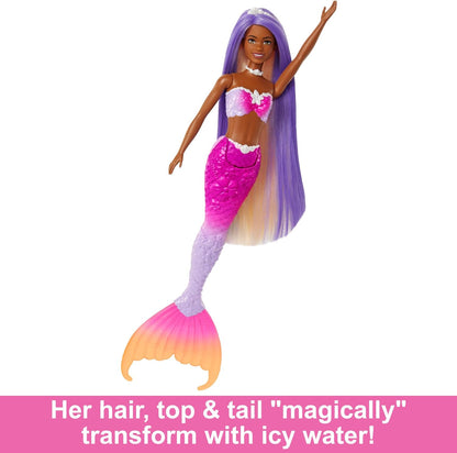 Barbie Mermaid Doll, “Malibu” with Pink Hair, Styling Accessories, Pet Dolphin and Water-Activated Color Change Feature, HRP97