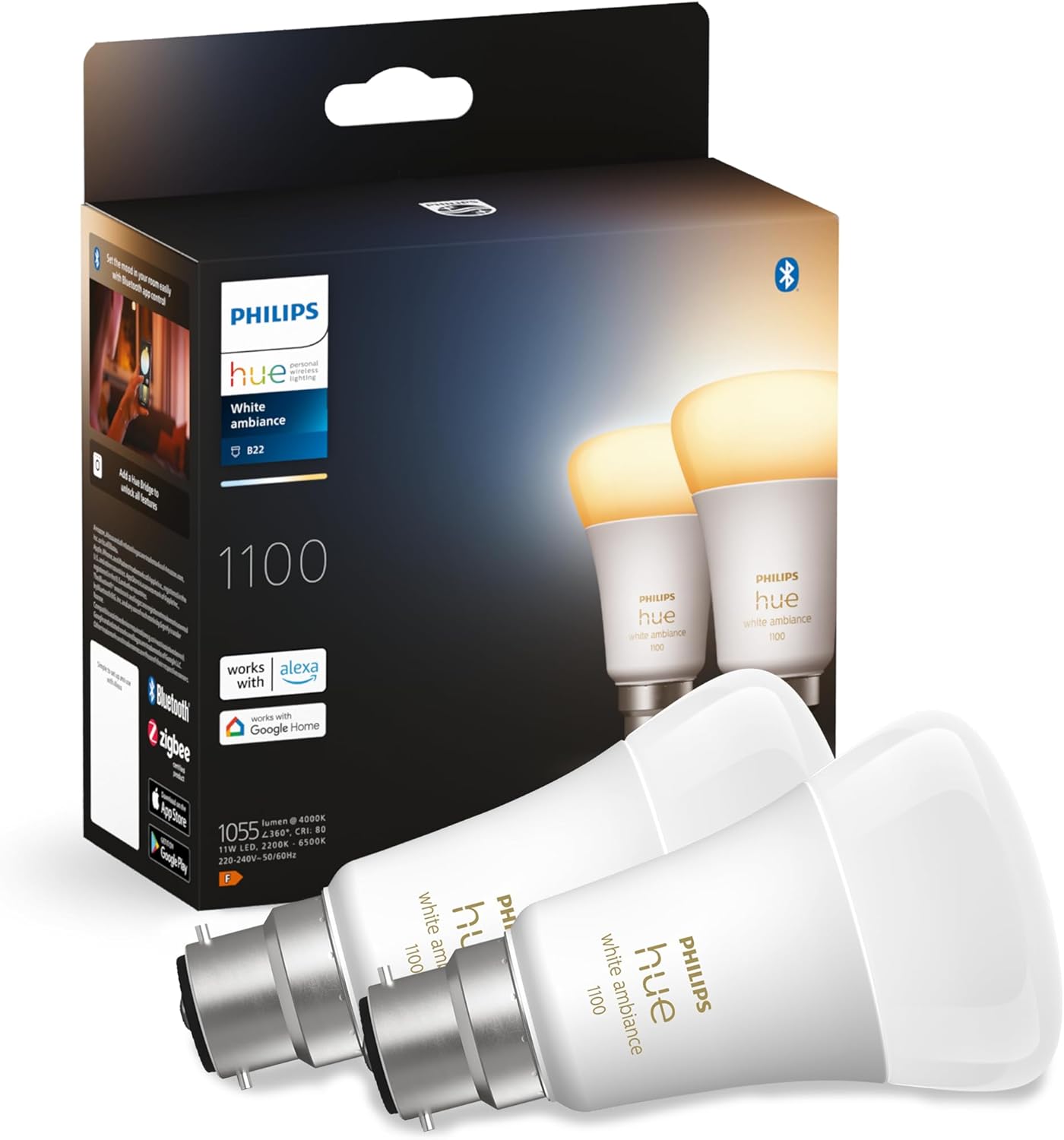 Philips Hue White & Colour Ambiance Smart Bulb Twin Pack LED [B22 Bayonet Cap] - 1100 Lumens (75W Equivalent). Works with Alexa, Google Assistant and Apple Homekit, 2 Count (Pack of 1)