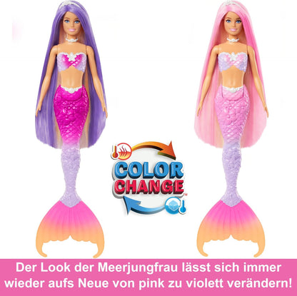 Barbie Mermaid Doll, “Malibu” with Pink Hair, Styling Accessories, Pet Dolphin and Water-Activated Color Change Feature, HRP97