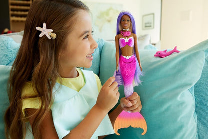 Barbie Mermaid Doll, “Malibu” with Pink Hair, Styling Accessories, Pet Dolphin and Water-Activated Color Change Feature, HRP97