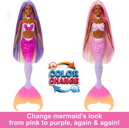 Barbie Mermaid Doll, “Malibu” with Pink Hair, Styling Accessories, Pet Dolphin and Water-Activated Color Change Feature, HRP97