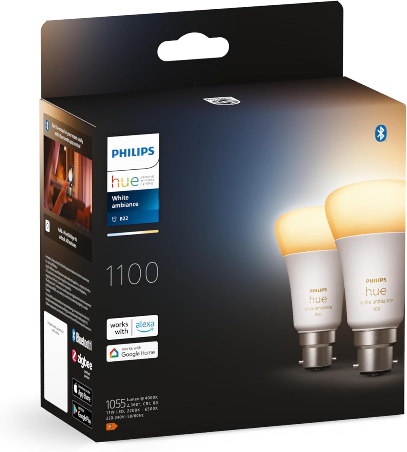 Philips Hue White & Colour Ambiance Smart Bulb Twin Pack LED [B22 Bayonet Cap] - 1100 Lumens (75W Equivalent). Works with Alexa, Google Assistant and Apple Homekit, 2 Count (Pack of 1)