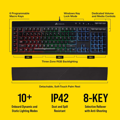 CORSAIR K55 RGB PRO Membrane Wired Gaming Keyboard – IP42 Dust and Spill-Resistant – 6 Macro Keys with Elgato Integration – iCUE Compatible – QWERTY UK – PC, Mac, Xbox – Black