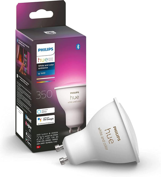 Philips Hue White & Colour Ambiance Smart Spotlight 3 Pack LED [GU10 Spotlight] - 350 Lumens (50W Equivalent). Works with Alexa, Google Assistant and Apple Homekit, 929001953115