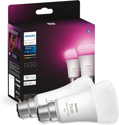 Philips Hue White & Colour Ambiance Smart Bulb Twin Pack LED [B22 Bayonet Cap] - 1100 Lumens (75W Equivalent). Works with Alexa, Google Assistant and Apple Homekit, 2 Count (Pack of 1)