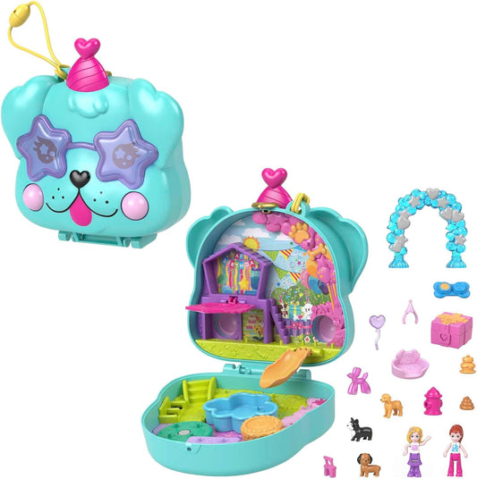 Polly Pocket Mini Toys, Doggy Birthday Bash Compact Playset with 2 Micro Dolls and 14 Accessories, Pocket World Travel Toys with Surprise Reveals, HKV30