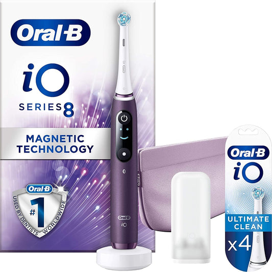 Oral-B iO8 Electric Toothbrush For Adults, App Connected Handle, 1 Ultimate Clean Toothbrush Head & Magnetic Pouch, 6 Modes, Teeth Whitening, 2 Pin UK Plug