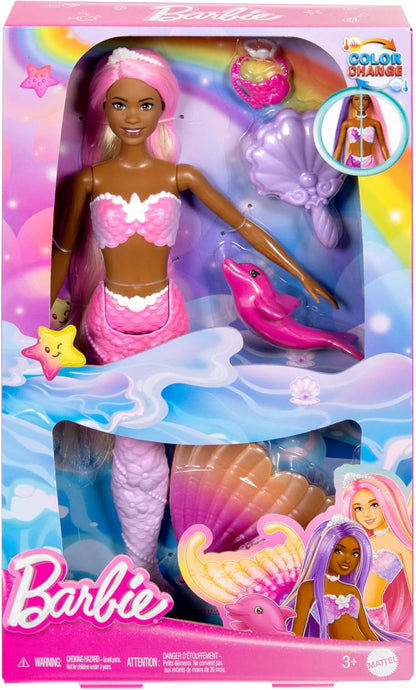 Barbie Mermaid Doll, “Malibu” with Pink Hair, Styling Accessories, Pet Dolphin and Water-Activated Color Change Feature, HRP97