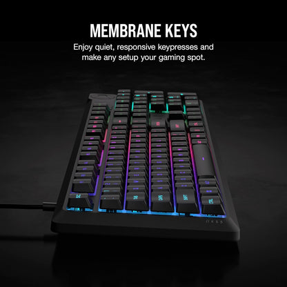 Corsair K55 CORE RGB Membrane Wired Gaming Keyboard – Quiet, Responsive Switches – Spill Resistance – Ten-Zone RGB – Media Keys – iCUE Compatible – QWERTY UK – PC, Mac – Black