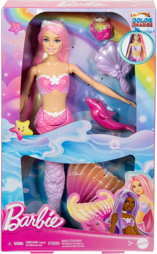 Barbie Mermaid Doll, “Malibu” with Pink Hair, Styling Accessories, Pet Dolphin and Water-Activated Color Change Feature, HRP97