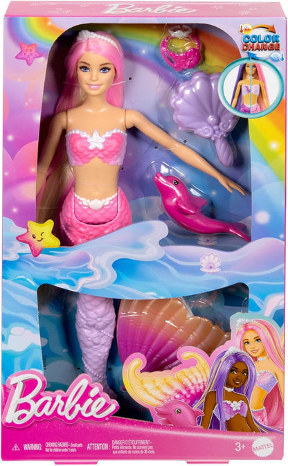 Barbie Mermaid Doll, “Malibu” with Pink Hair, Styling Accessories, Pet Dolphin and Water-Activated Color Change Feature, HRP97