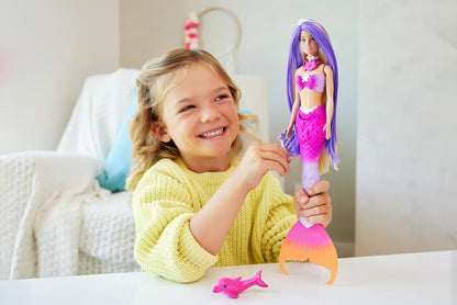 Barbie Mermaid Doll, “Malibu” with Pink Hair, Styling Accessories, Pet Dolphin and Water-Activated Color Change Feature, HRP97