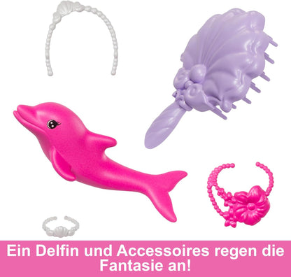 Barbie Mermaid Doll, “Malibu” with Pink Hair, Styling Accessories, Pet Dolphin and Water-Activated Color Change Feature, HRP97