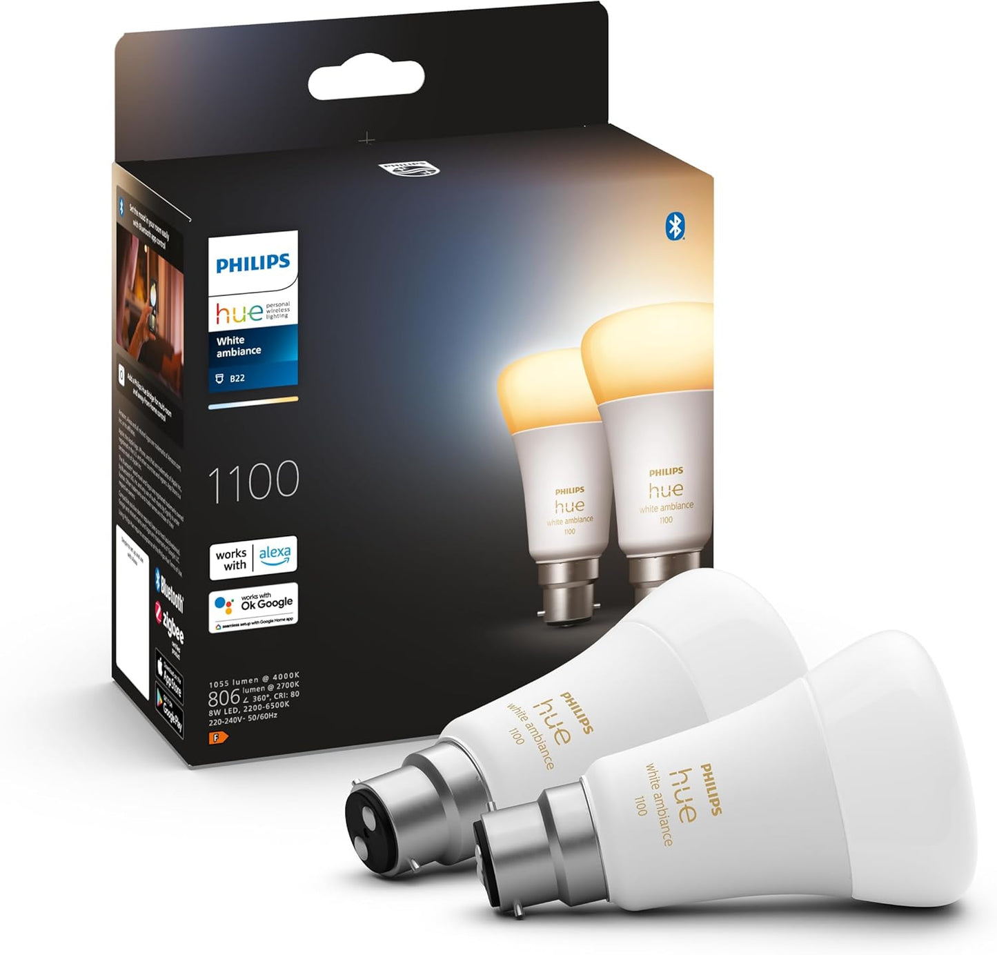 Philips Hue White & Colour Ambiance Smart Bulb Twin Pack LED [B22 Bayonet Cap] - 1100 Lumens (75W Equivalent). Works with Alexa, Google Assistant and Apple Homekit, 2 Count (Pack of 1)