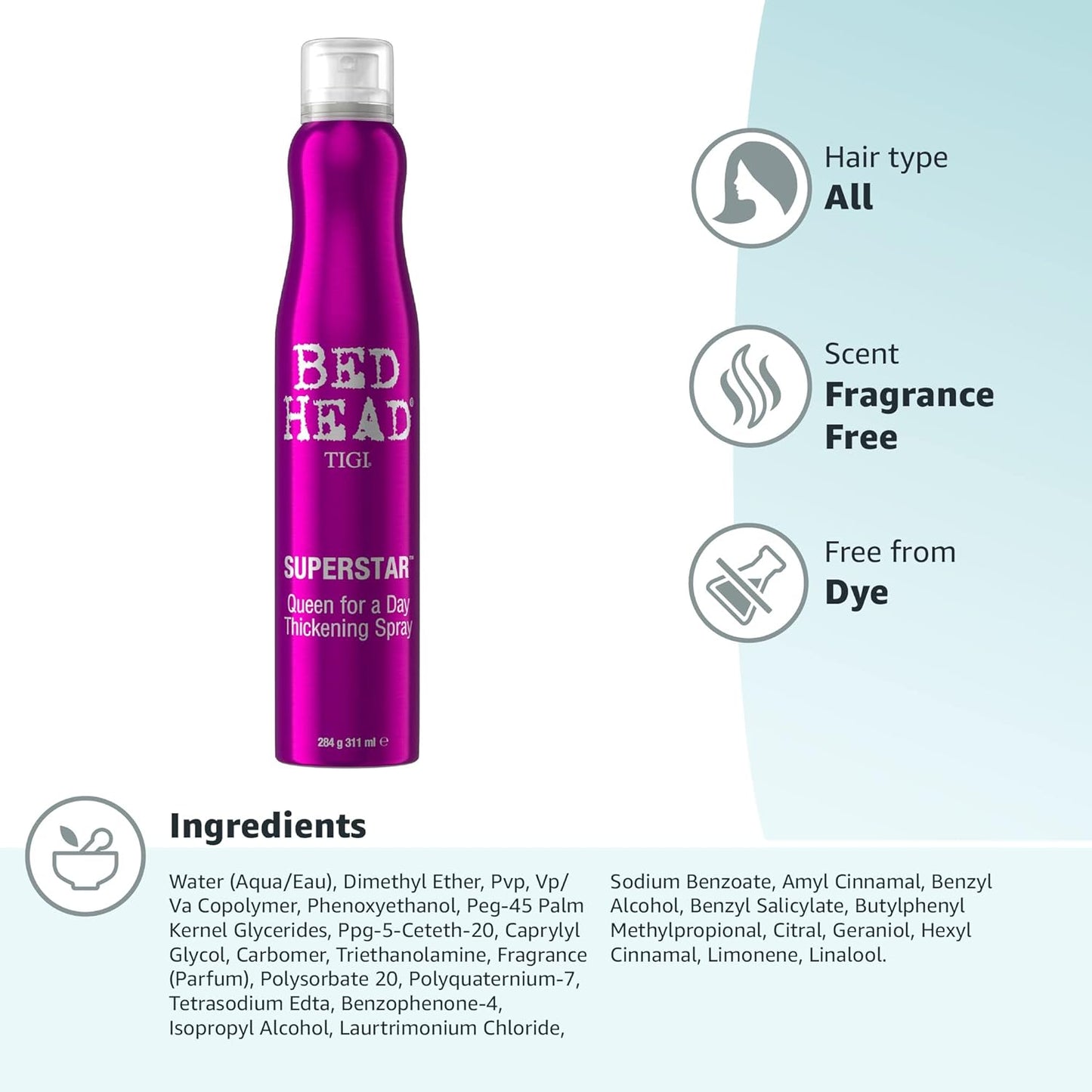 Bed Head by TIGI | Queen For a Day Thickening Hair Volume Spray | Professional Volumising Hair Products | Ideal For Fine, Flat And Thin Hair | 311ml, Packaging may vary