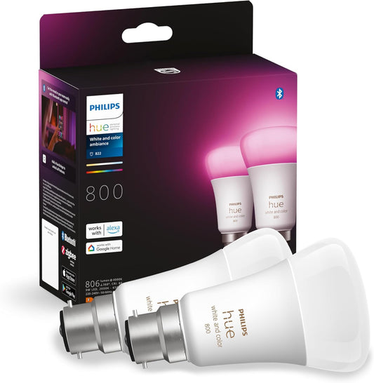 Philips Hue White and Colour Ambiance Smart Bulb Twin Pack LED [B22 Bayonet Cap] - 800 Lumens 60W Equivalent. for Home Indoor Lighting, Livingroom and Bedroom, 2 Count (Pack of 1)