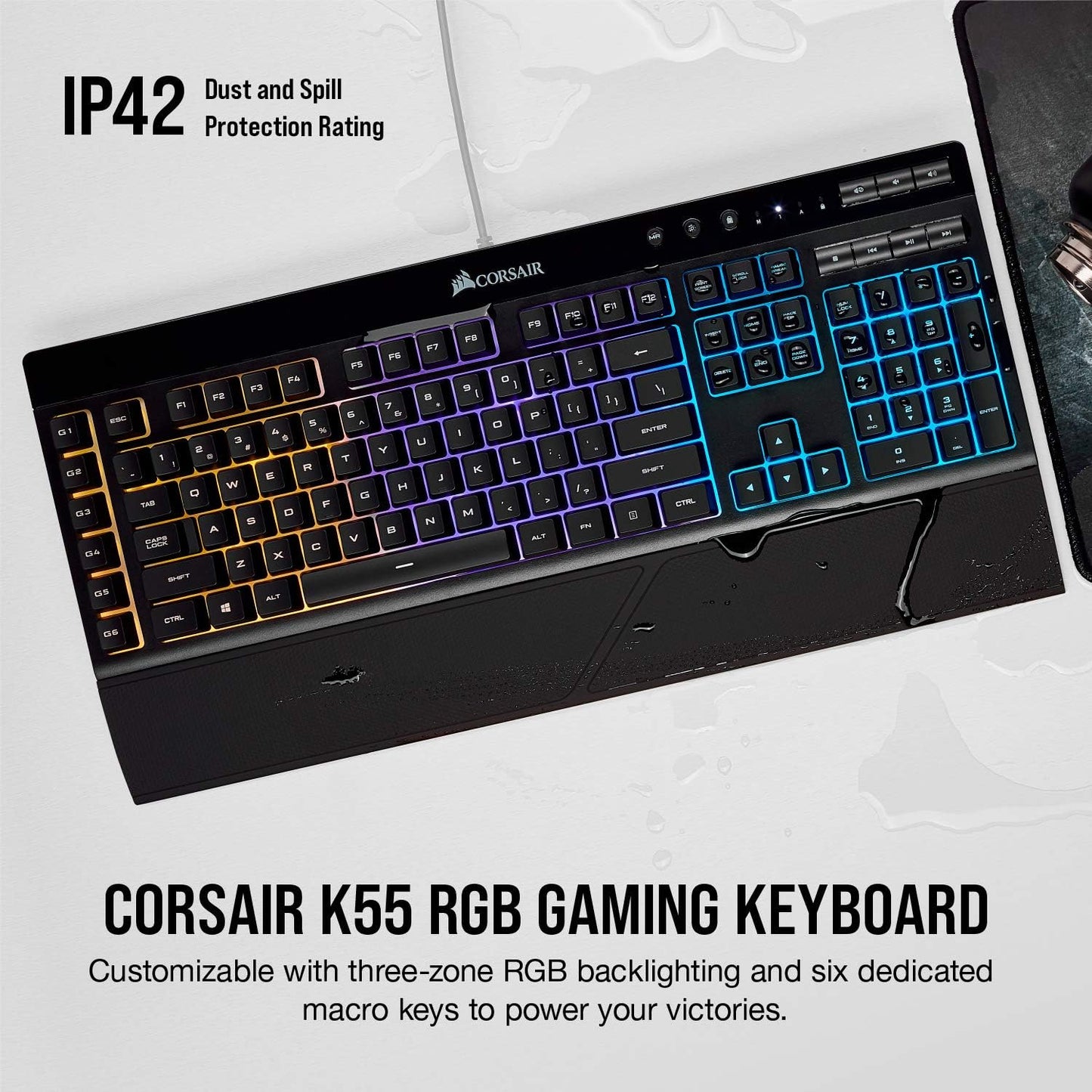 CORSAIR K55 RGB PRO Membrane Wired Gaming Keyboard – IP42 Dust and Spill-Resistant – 6 Macro Keys with Elgato Integration – iCUE Compatible – QWERTY UK – PC, Mac, Xbox – Black