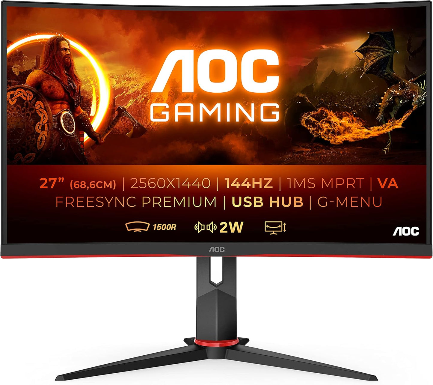 AOC Gaming Monitor CQ27G2SE/BK/01 | 27 Inch | 2560 x 1440 | 165Hz | 250 cd/m | HDMI 2.0 x 2, Display Port 1.2