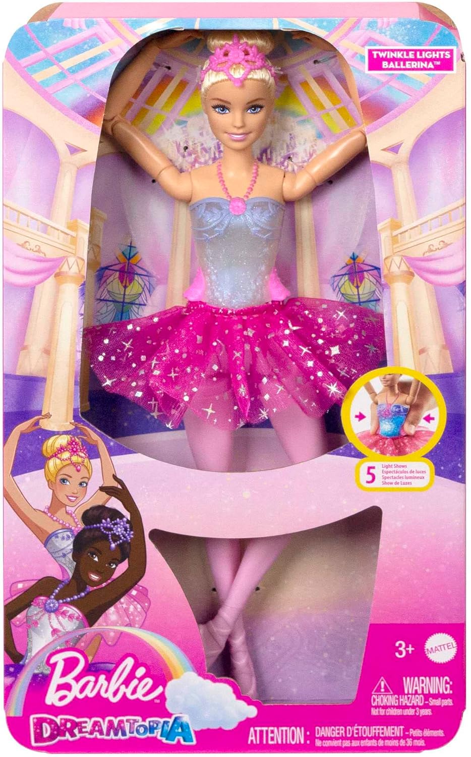 Barbie Dreamtopia Twinkle Lights Ballerina Doll with Blonde Hair & Light-Up Feature Wearing Royal Headband & Pink Tutu, HLC25