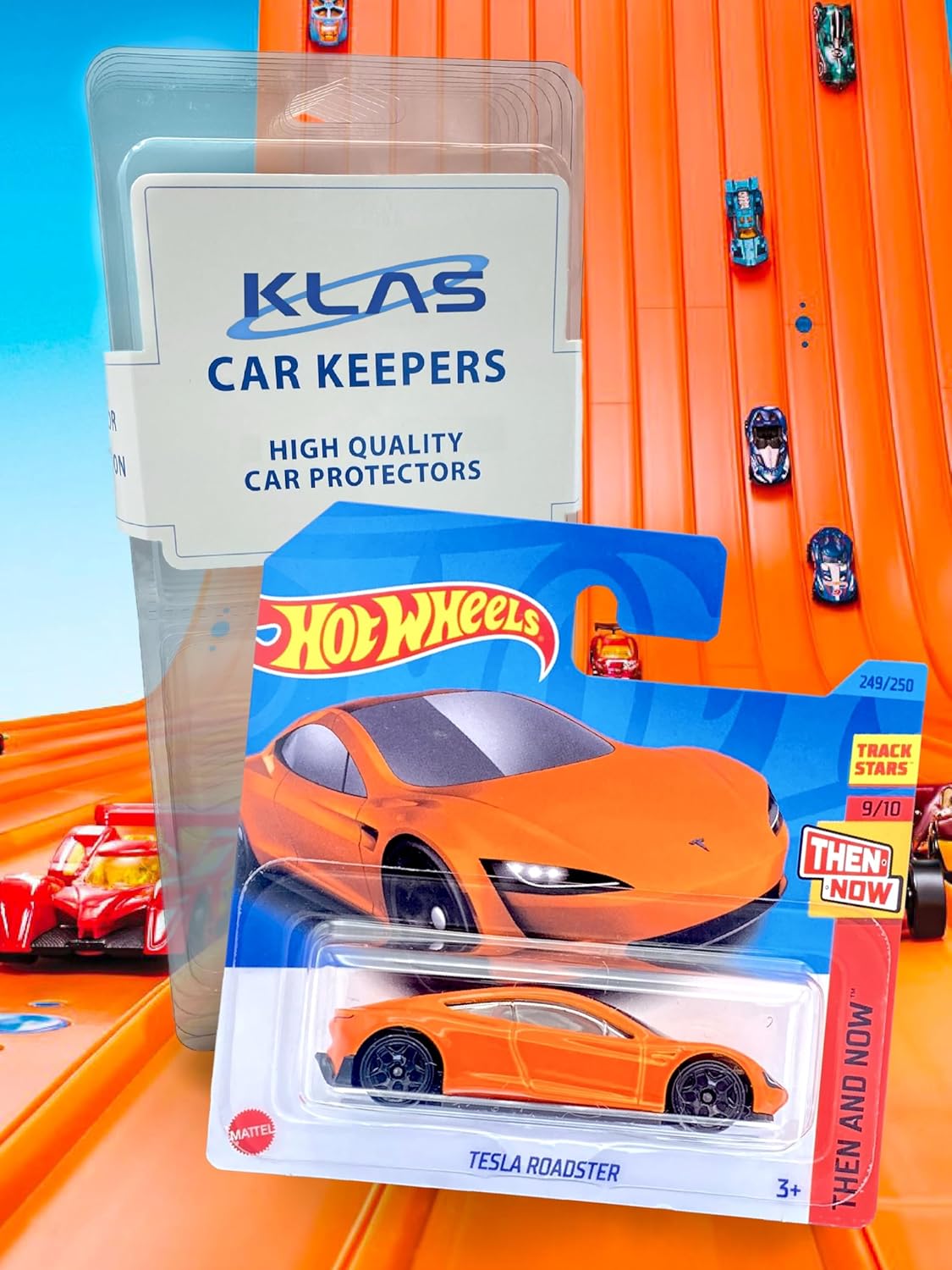 Hot Wheels Tesla Roadster (Orange) 9/10 Then and Now - 2023-249/250 (Short Card) - COMES IN A KLAS CAR KEEPER PROTECTIVE COLLECTORS CASE - HKJ47