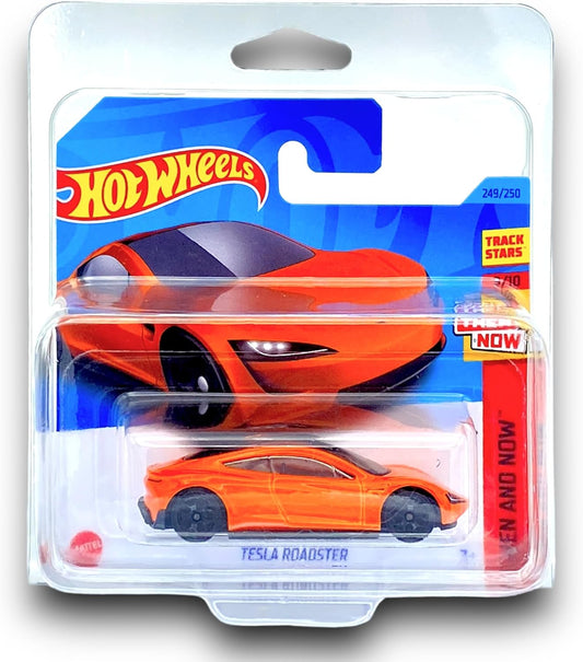 Hot Wheels Tesla Roadster (Orange) 9/10 Then and Now - 2023-249/250 (Short Card) - COMES IN A KLAS CAR KEEPER PROTECTIVE COLLECTORS CASE - HKJ47