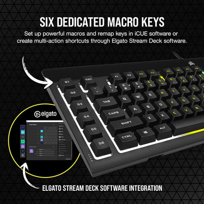 CORSAIR K55 RGB PRO Membrane Wired Gaming Keyboard – IP42 Dust and Spill-Resistant – 6 Macro Keys with Elgato Integration – iCUE Compatible – QWERTY UK – PC, Mac, Xbox – Black