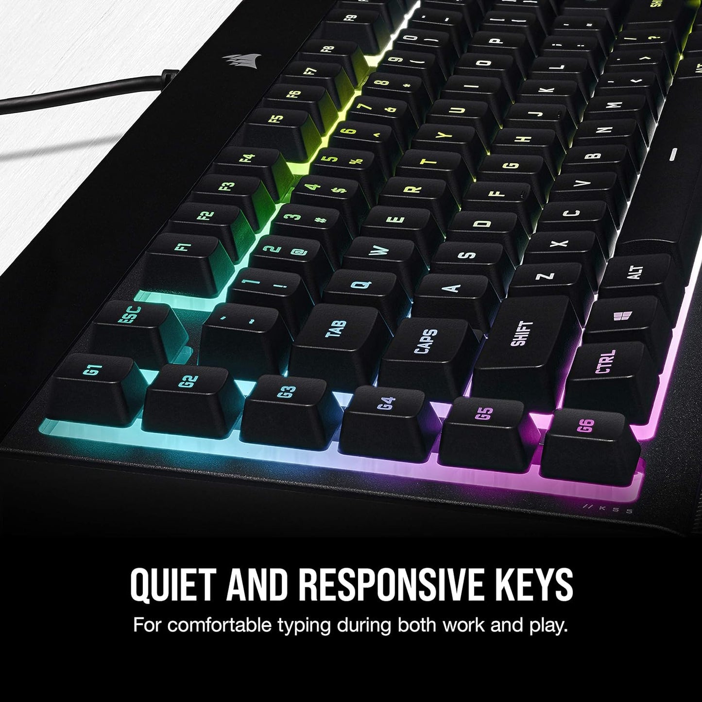 Corsair K55 CORE RGB Membrane Wired Gaming Keyboard – Quiet, Responsive Switches – Spill Resistance – Ten-Zone RGB – Media Keys – iCUE Compatible – QWERTY UK – PC, Mac – Black