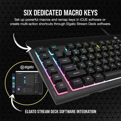 CORSAIR K55 RGB PRO Membrane Wired Gaming Keyboard – IP42 Dust and Spill-Resistant – 6 Macro Keys with Elgato Integration – iCUE Compatible – QWERTY UK – PC, Mac, Xbox – Black