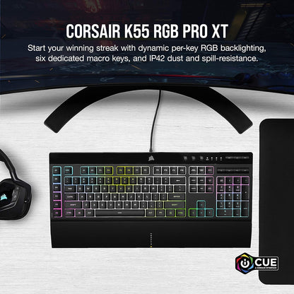 CORSAIR K55 RGB PRO Membrane Wired Gaming Keyboard – IP42 Dust and Spill-Resistant – 6 Macro Keys with Elgato Integration – iCUE Compatible – QWERTY UK – PC, Mac, Xbox – Black