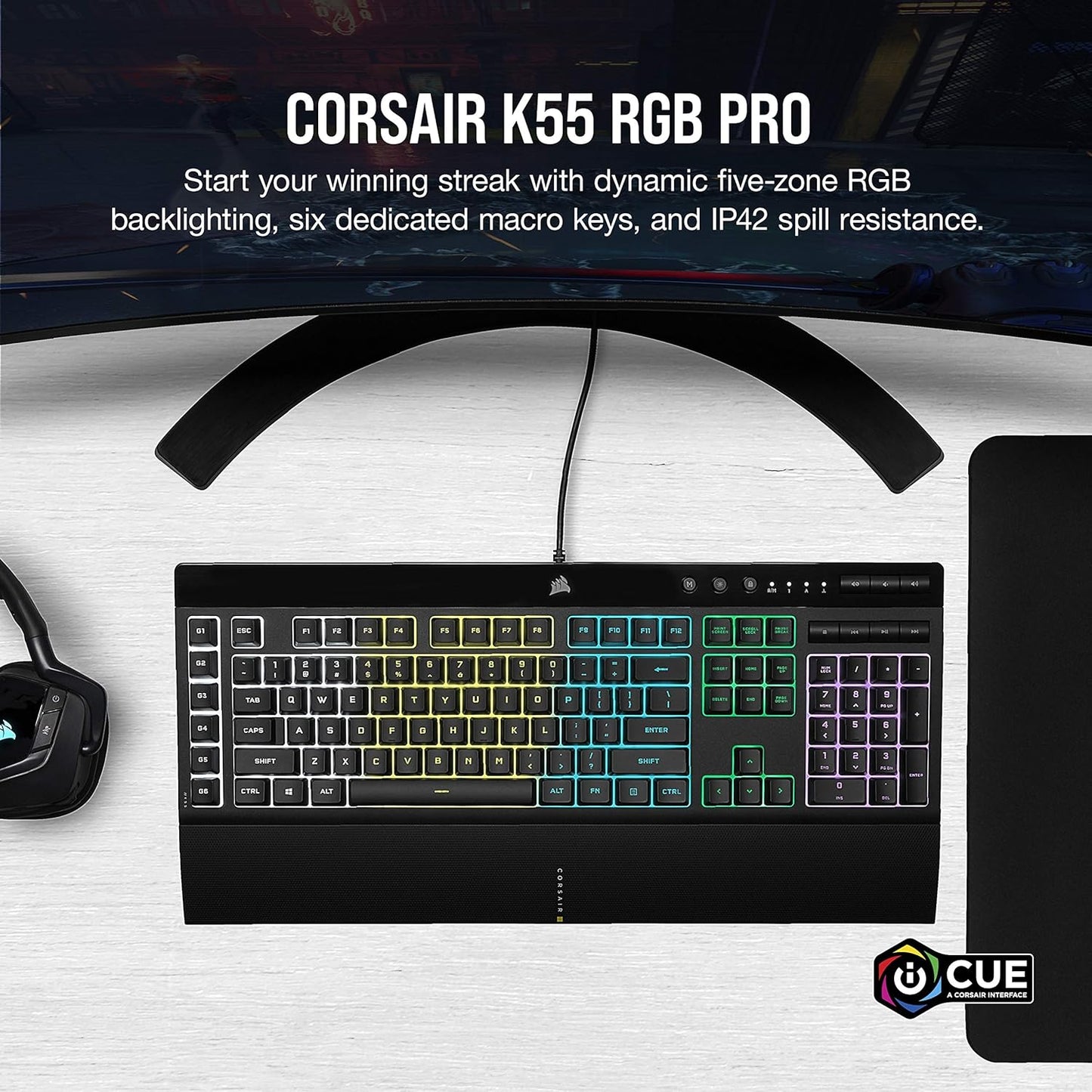 CORSAIR K55 RGB PRO Membrane Wired Gaming Keyboard – IP42 Dust and Spill-Resistant – 6 Macro Keys with Elgato Integration – iCUE Compatible – QWERTY UK – PC, Mac, Xbox – Black