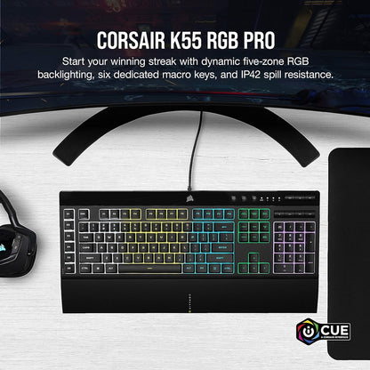 Corsair K55 CORE RGB Membrane Wired Gaming Keyboard – Quiet, Responsive Switches – Spill Resistance – Ten-Zone RGB – Media Keys – iCUE Compatible – QWERTY UK – PC, Mac – Black