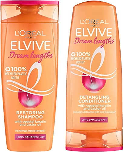 L'Oreal Paris Elvive Dream Lengths Shampoo and Conditioner Set for Long Hair, Nourishing & Strengthening Treatment to Prevent Hair Breakage, Enriched with Castor Oil